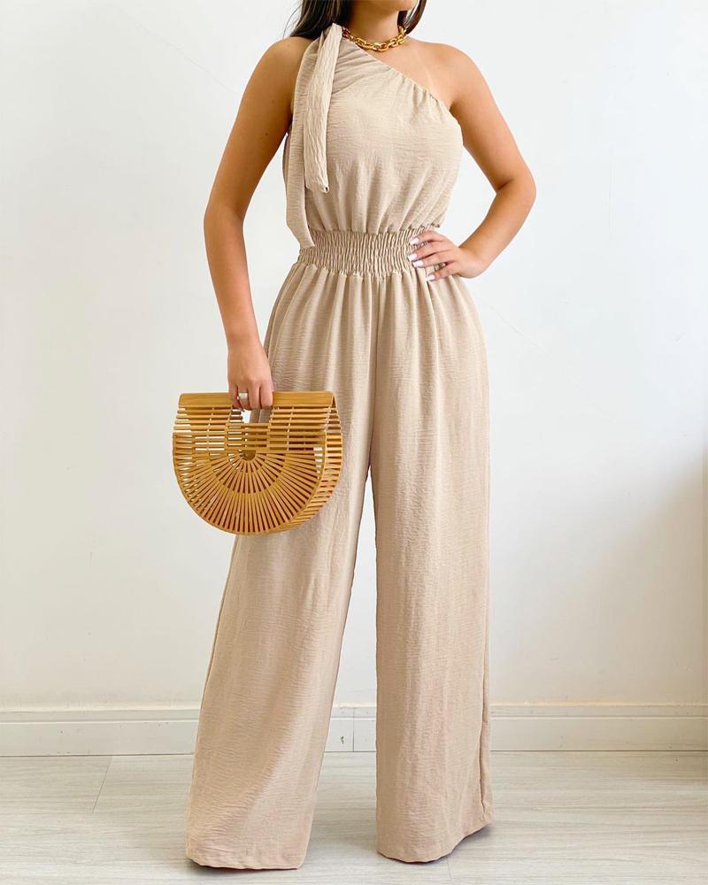 

One Shoulder Tied Detail Shirred Waist Jumpsuit, Apricot