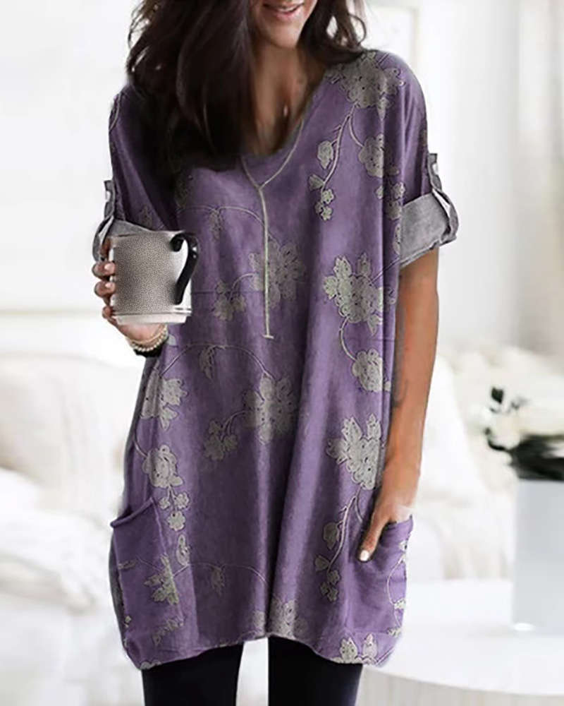 

Long Sleeve Floral Print Casual Top, Purple