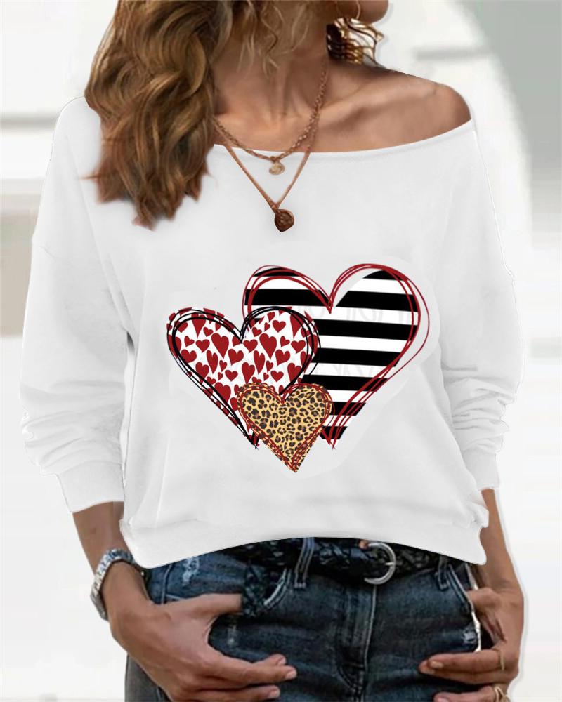 

Heart Print Long Sleeve Loose T-shirts Sweatshirts, White