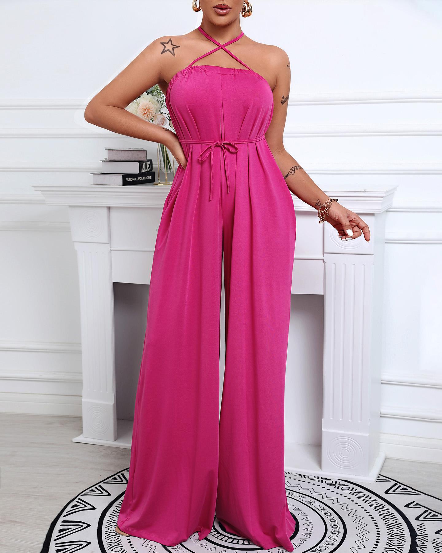 

Solid Color Sleeveless Pocket Self Tie Wide Leg Jumpsuit, Hot pink
