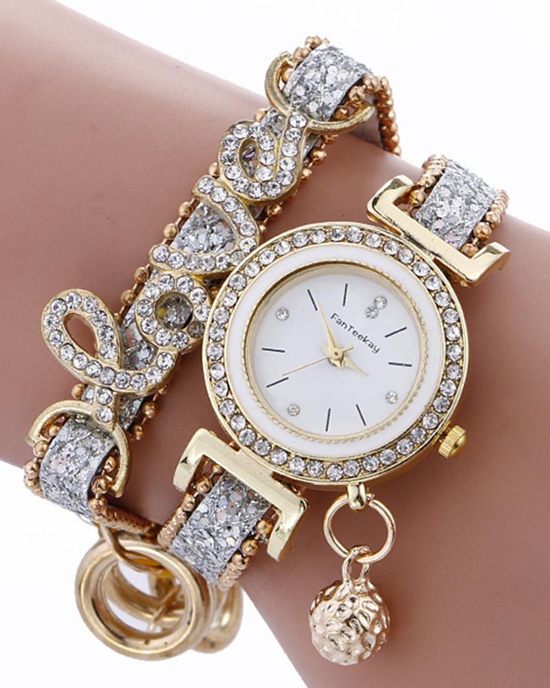 

1pc Rhinestone Decor Lover Letter Pattern Bangle Quartz Watch, White