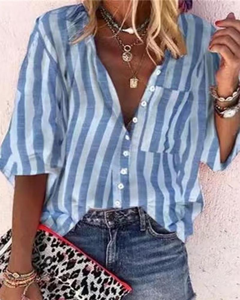 

Button Design Striped Half Sleeve Top, Blue