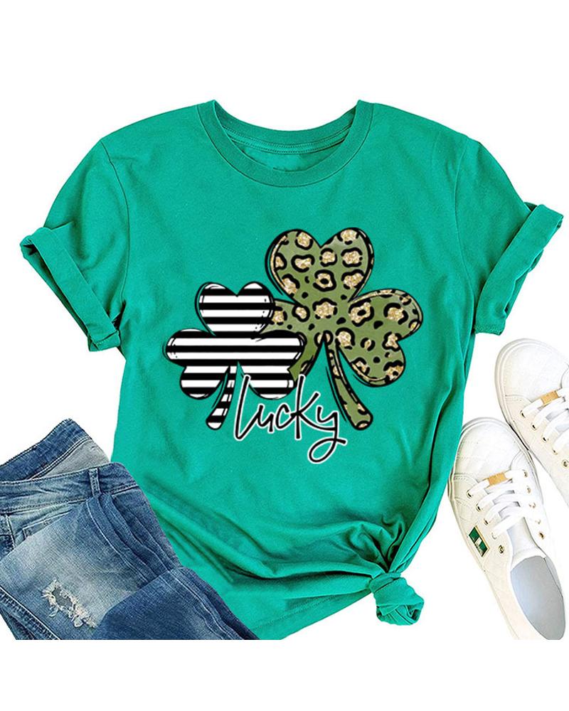 

St. Patrick' Day Letter Clover Print Casual T-shirt, Green