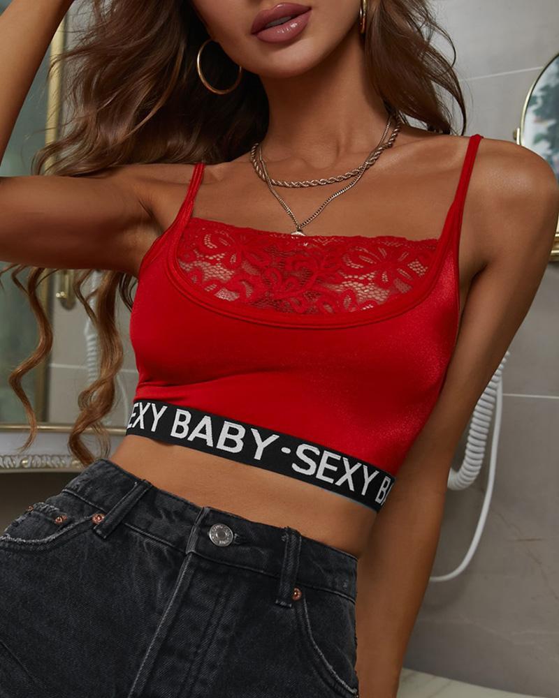 

Letter Trim Crochet Lace Patch Cami Top, Red