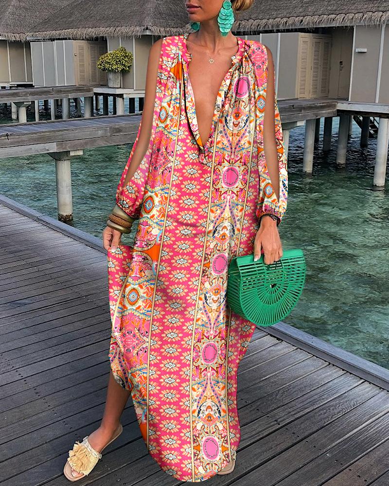 

Tribal Print Split Sleeve Shirt Dress, Multicolor