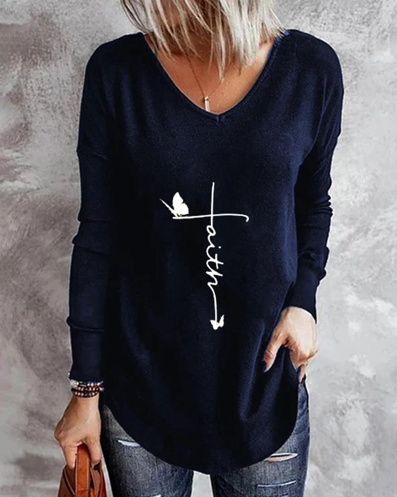 

Letter Butterfly Print Long Sleeve Top, Blue