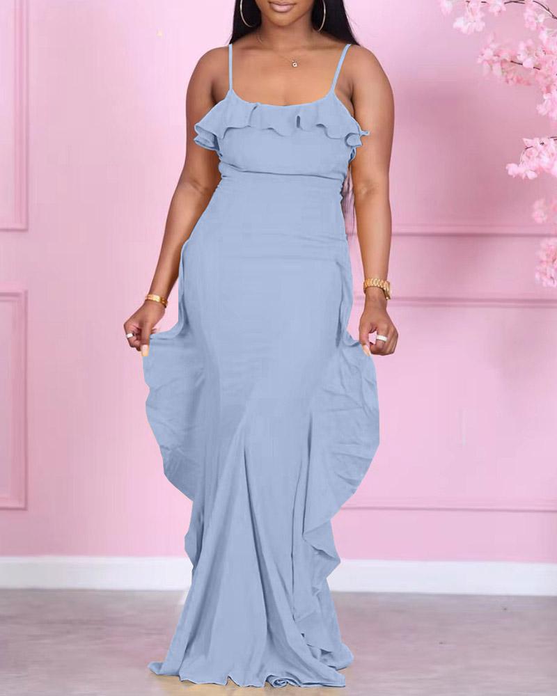 

Spaghetti Strap Ruffles Trim Maxi Dress, Blue