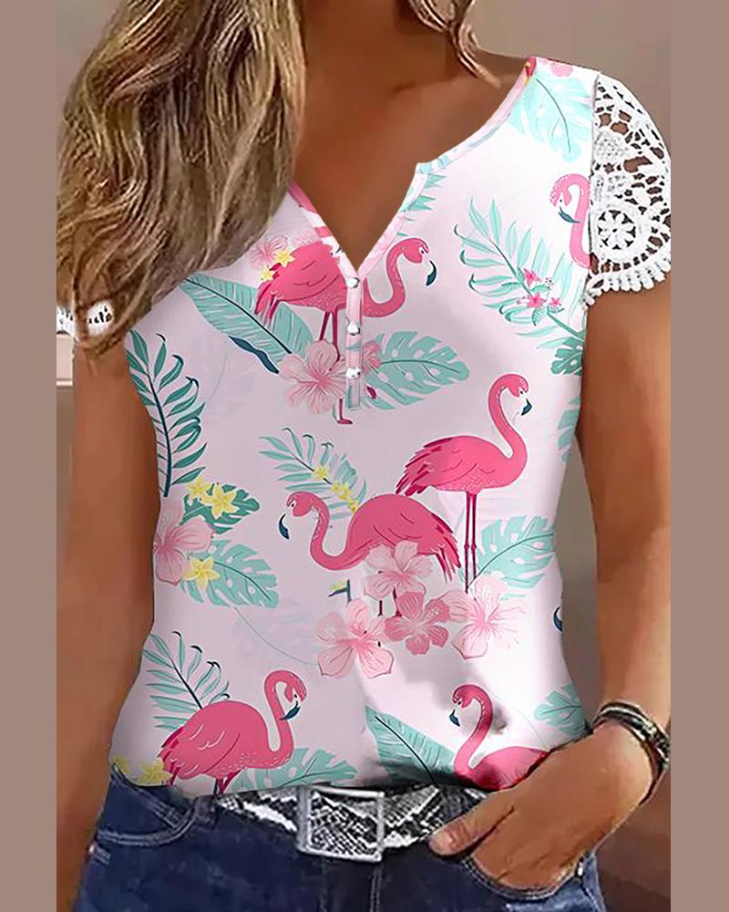 

Flamingo Tropical Floral Print Notch Neck Lace Patch Top, Pink