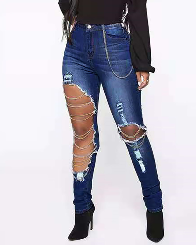

Ripped Cutout High Waist Skinny Jeans, Blue