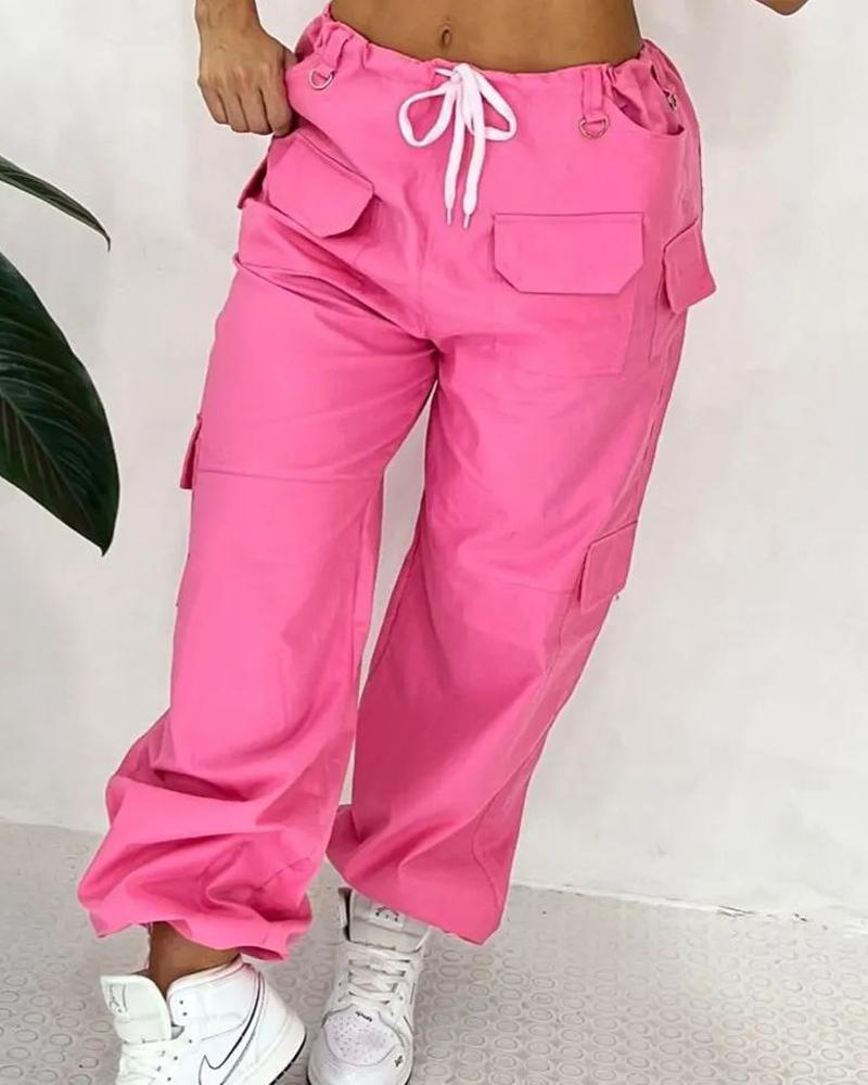 

Pocket Design Drawstring Cargo Pants, Pink