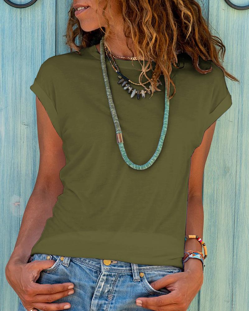 

Cap Sleeve Round Neck T-shirt, Army green