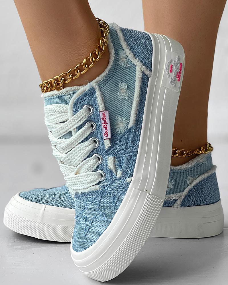 

Star Pattern Raw Hem Denim Sneakers, Blue