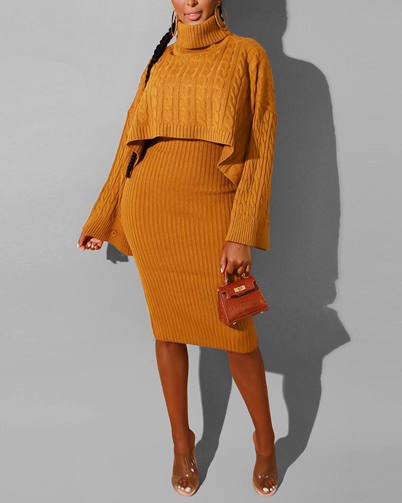 

Turtleneck Cable Knit Sweater With Midi Dress, Orange