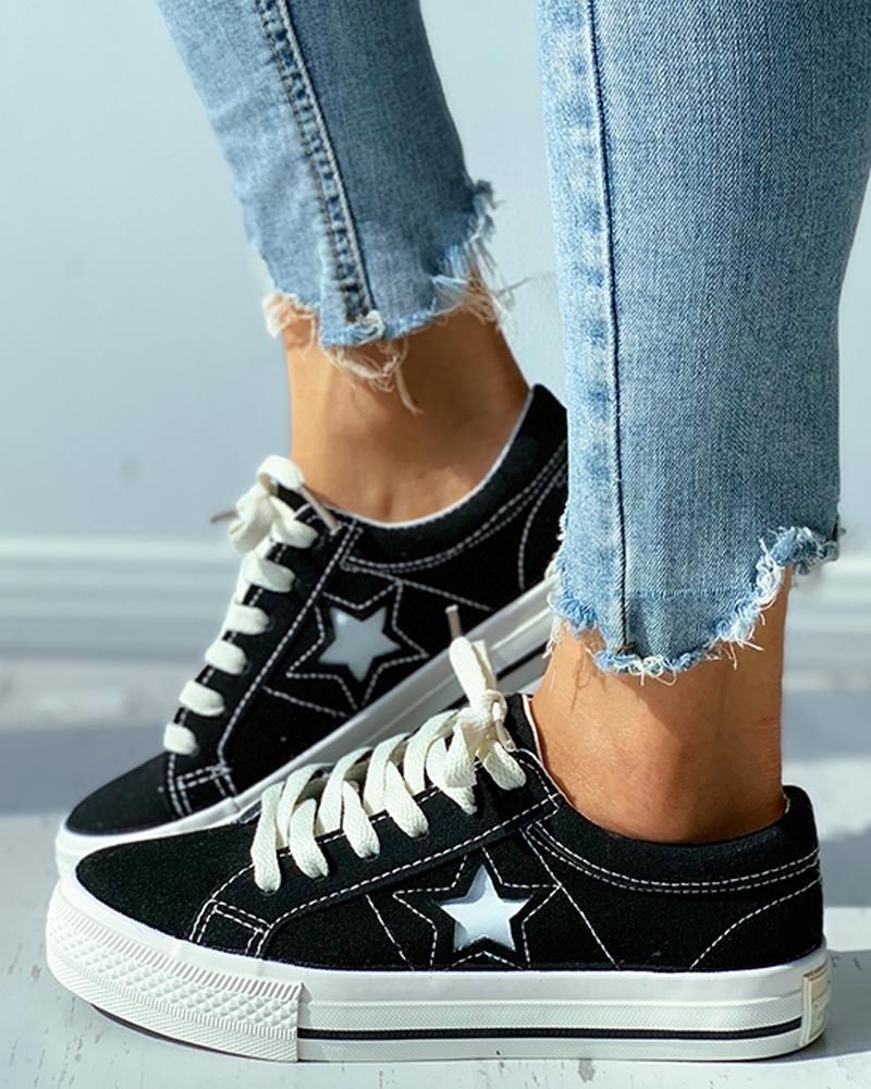 

Star Pattern Cutout Lace-up Suede Shoes, Black