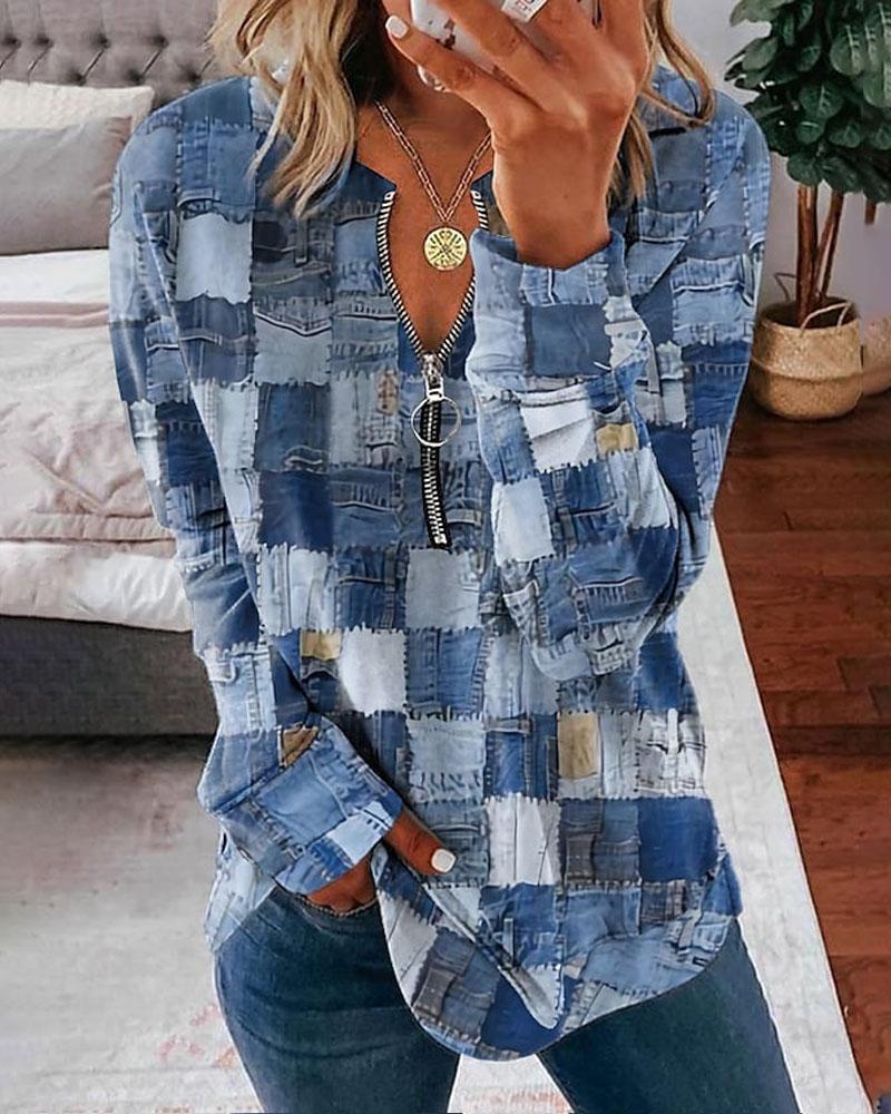 

Denim Look Print Zip Detail Long Sleeve Top, Blue