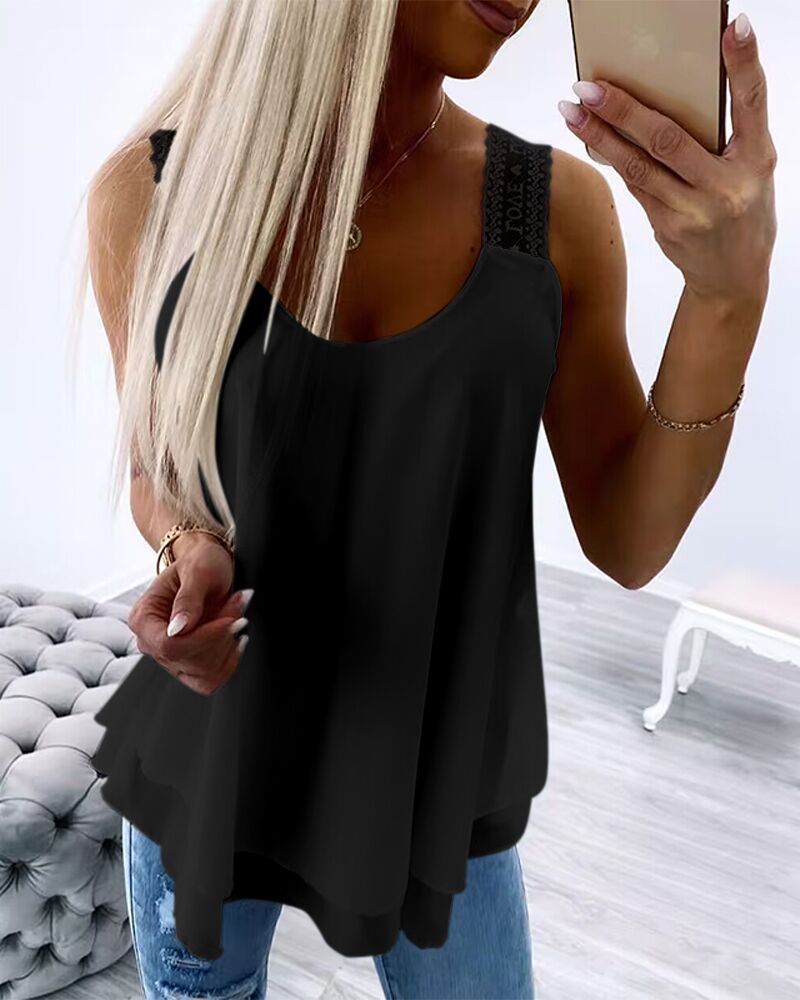 

U-Neck Thick Strap Tank Contrast Lace Tied Detail Top, Black