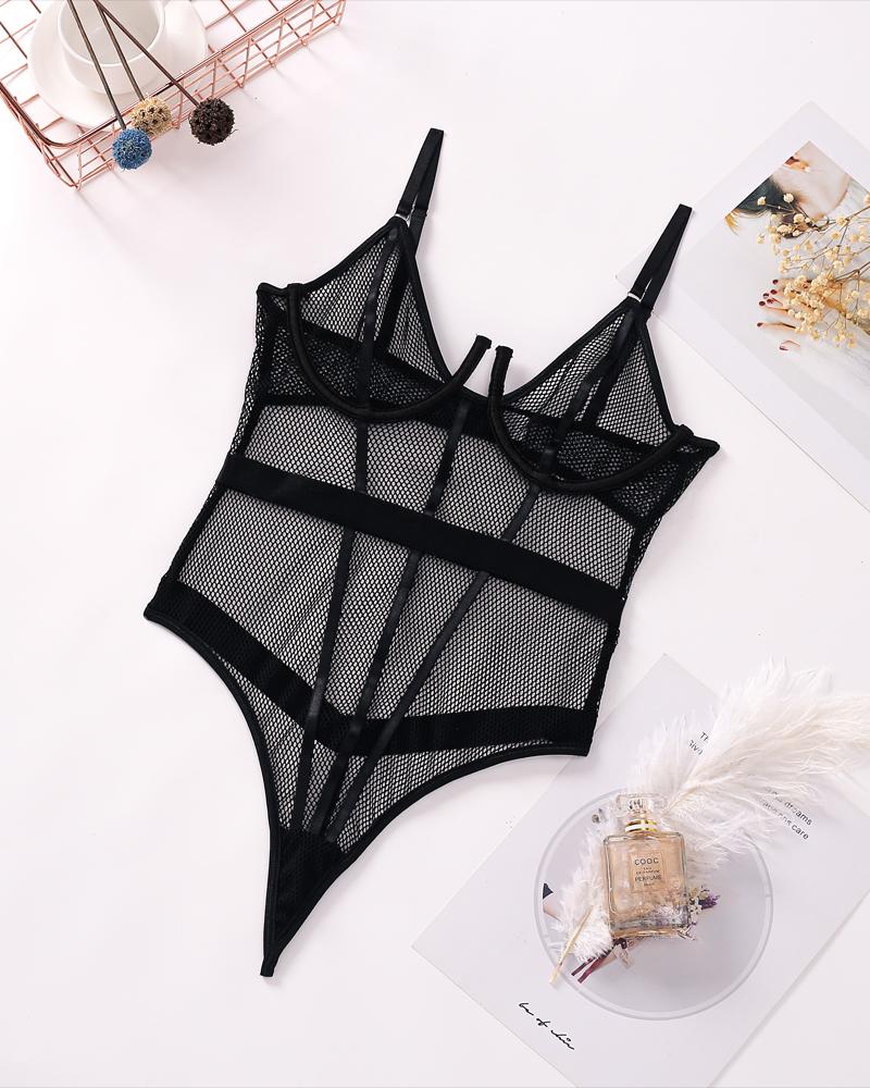 

Fishnet Design Backless Sheer Mesh Teddy, Black