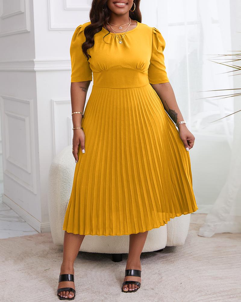 

Plain Puff Sleeve Pleated Casual Dress, Yellow