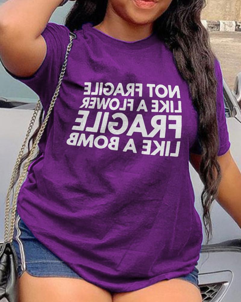 

Letter Print Short Sleeve T-shirt, Purple