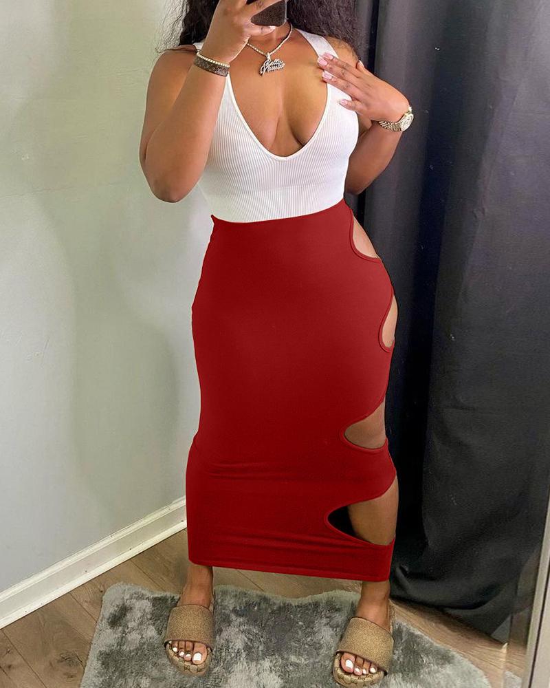 

Colorblock Cutout Thick Strap Maxi Dress, Wine red