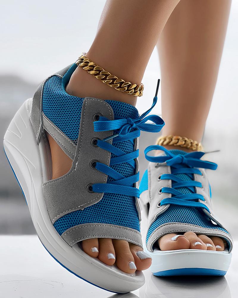 

Contrast Paneled Cutout Lace-up Muffin Sandals, Blue