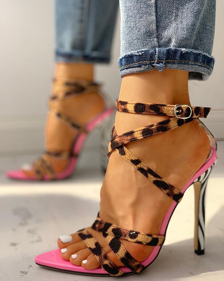 

Multi-Strap Crisscross Thin Heeled Sandals, Pink