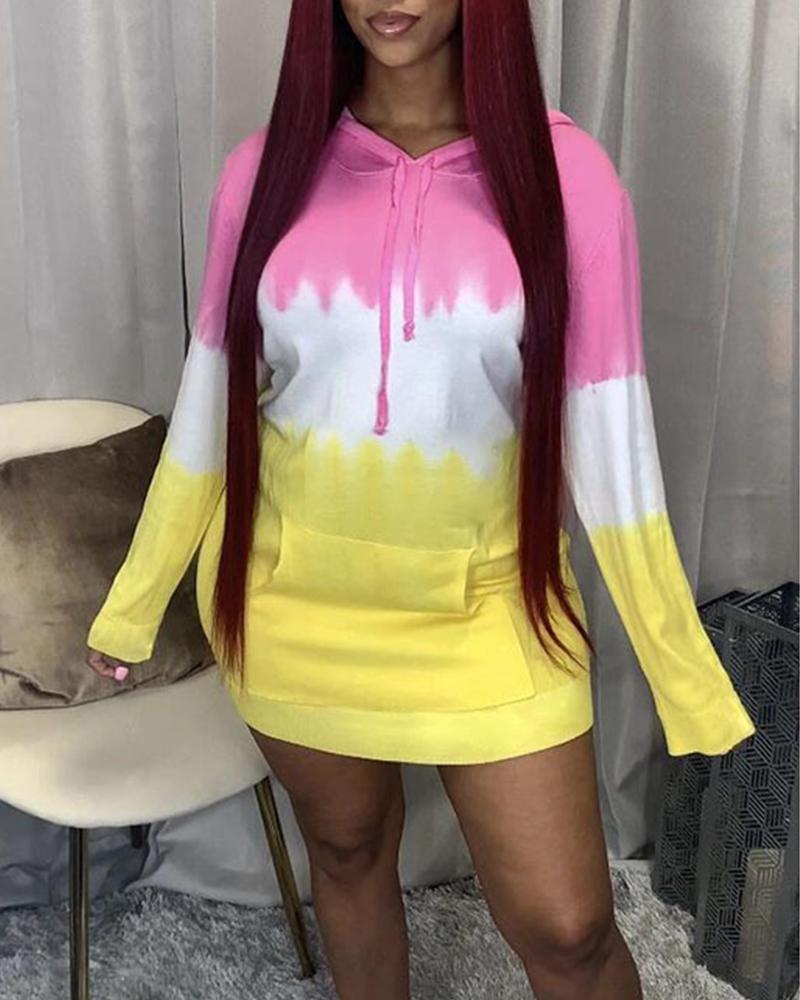 

Ombre Drawstring Hooded Kangaroo Pocket Long Sleeve Sweatshirt Dress, Hot pink