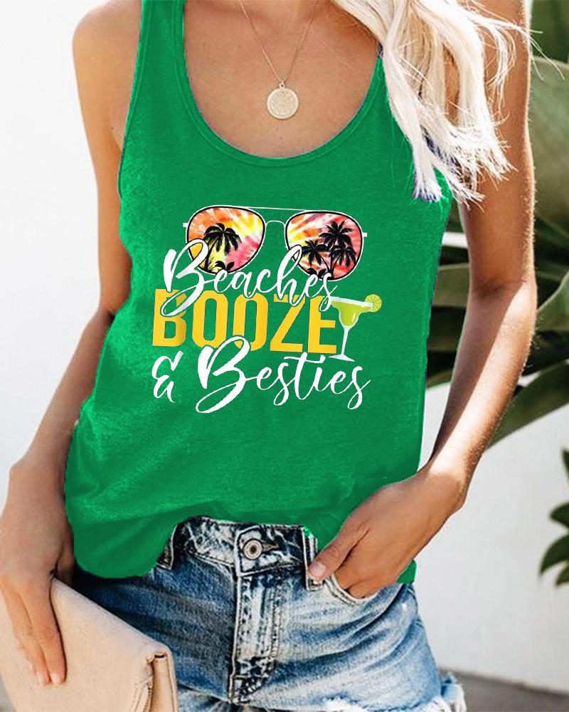 

Sunglasses Landscape Coconut Tree Letter Print Graphic Tee Summer Beach Vest Tank Top, Green