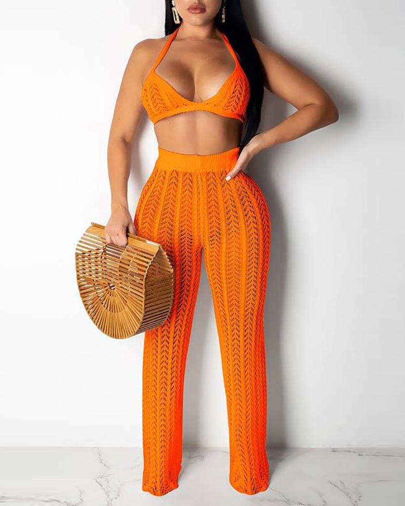 

Hollow Out Halter Crop Top & High Waist Pants Set, Orange