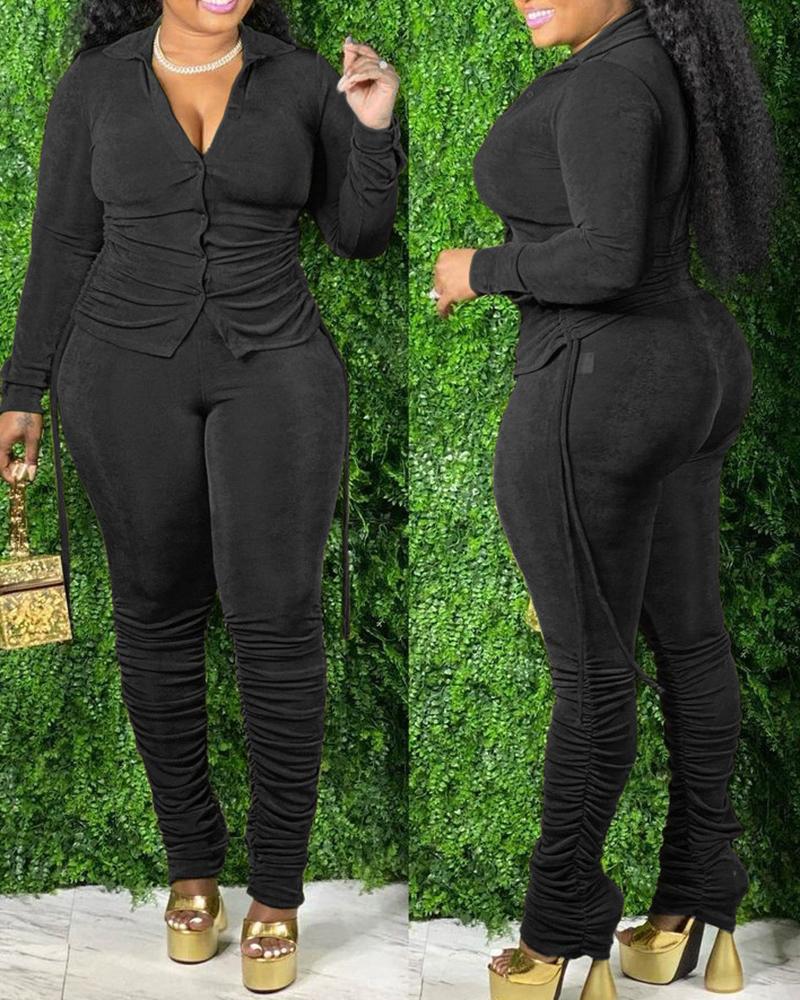 

Ruched Long Sleeve Top & High Waist Pants Set, Black