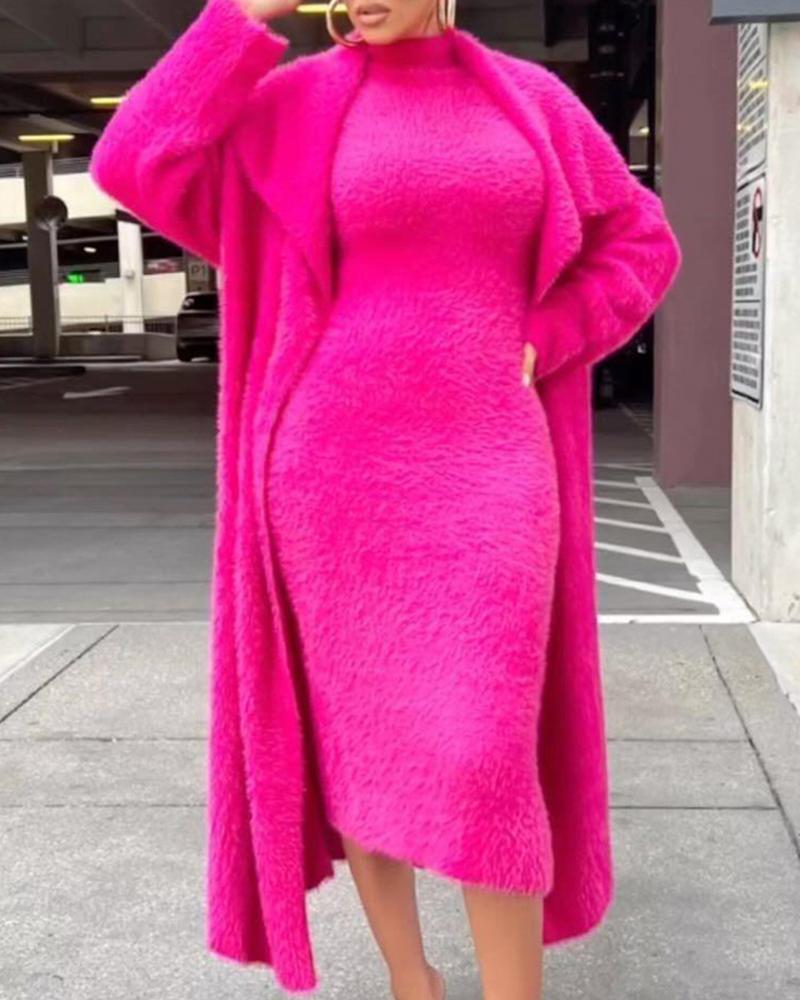 

Fuzzy Mock Neck Midi Dress & Long Sleeve Cardigan Set, Hot pink