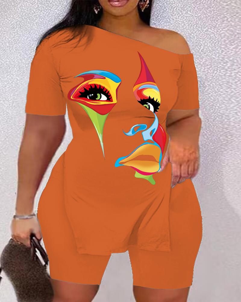 

Plus Size Abstract Figure Print Side Slit Top & Shorts Set, Orange
