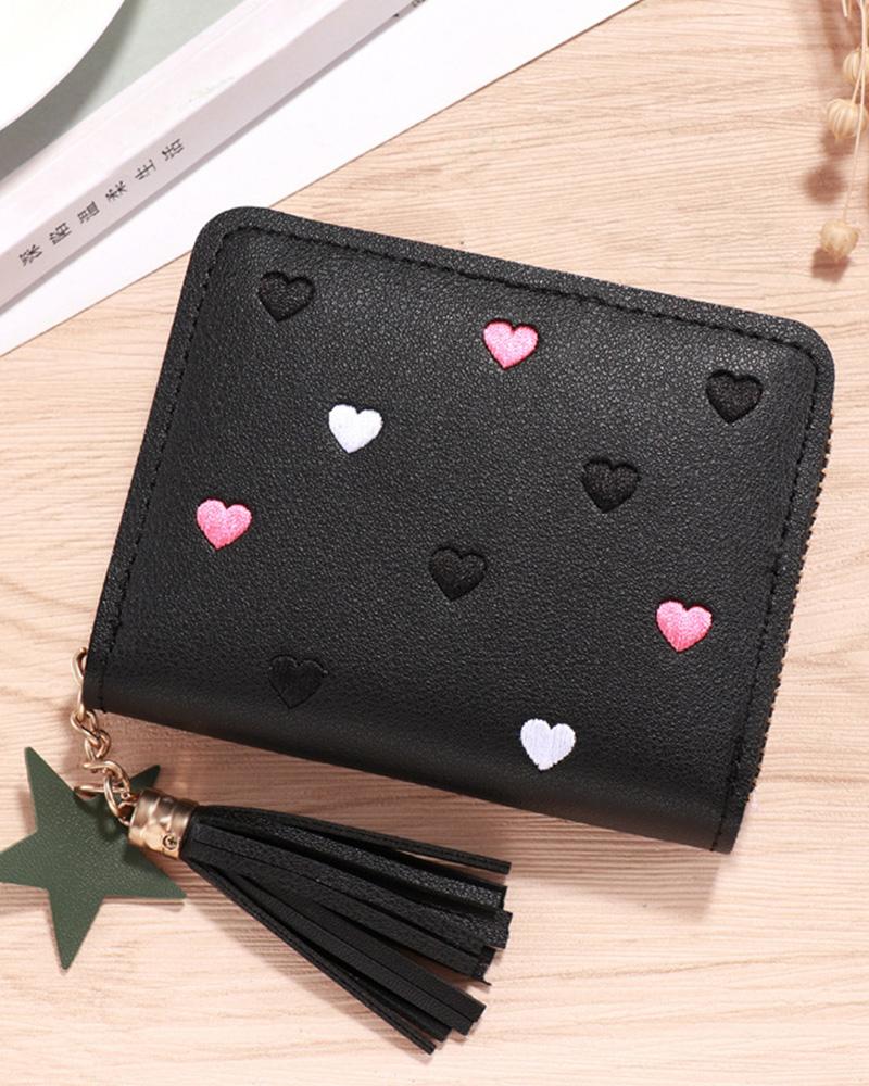 

Heart Decor Tassel Charm Purse, Black