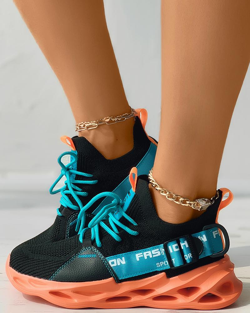 

Breathable Lace-up Letter Label Muffin Sneakers, Black