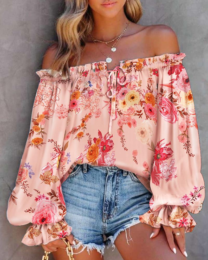 

Floral Print Off Shoulder Lantern Sleeve Top, Pink