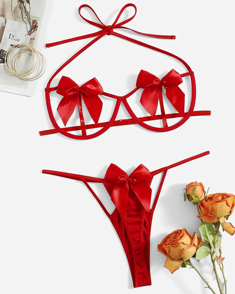 

Bowknot Design Cutout Sleeveless Lingerie Set, Red