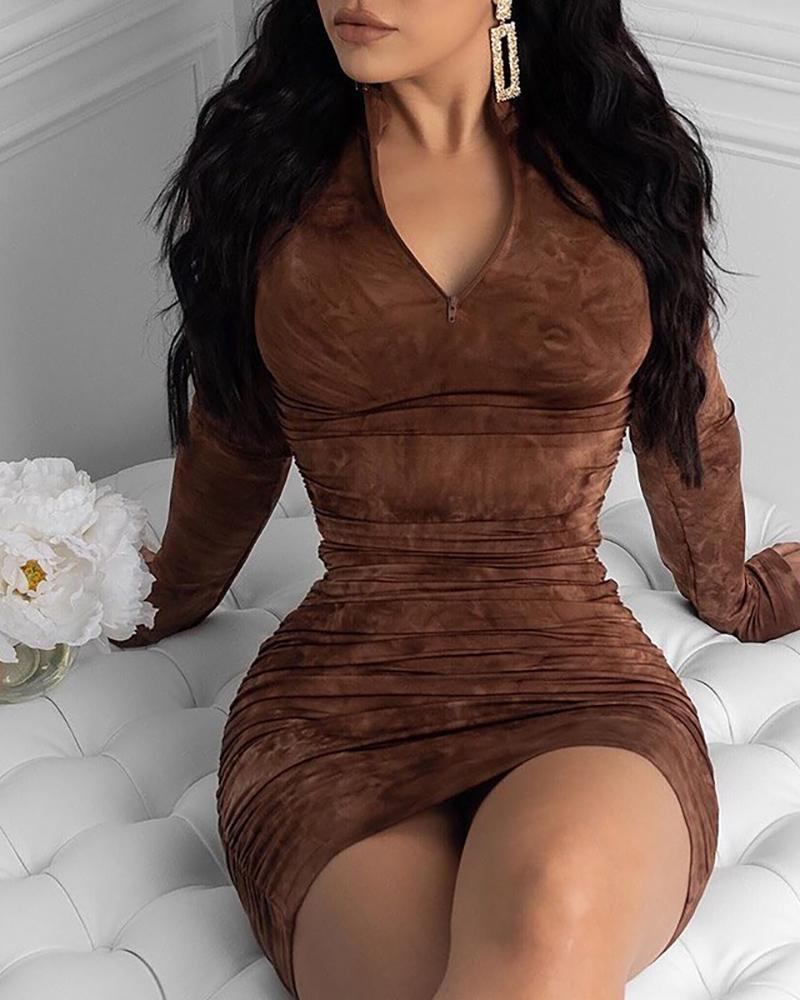 

Plain Long Sleeve Ruched Bodycon Dress, Dark brown