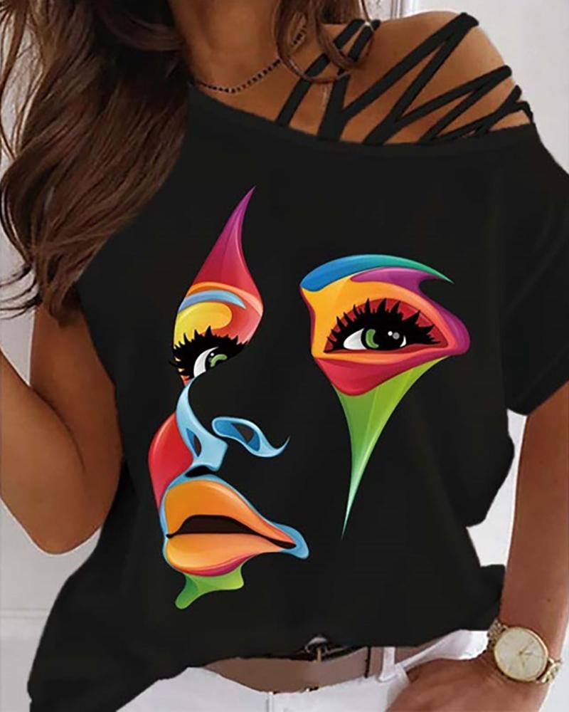 

Cold Shoulder Figure Print T-shirt, Black