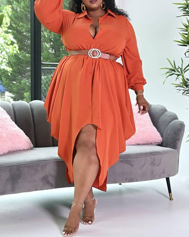 

Plus Size Long Sleeve Asymmetrical Shirt Dress, Dark yellow
