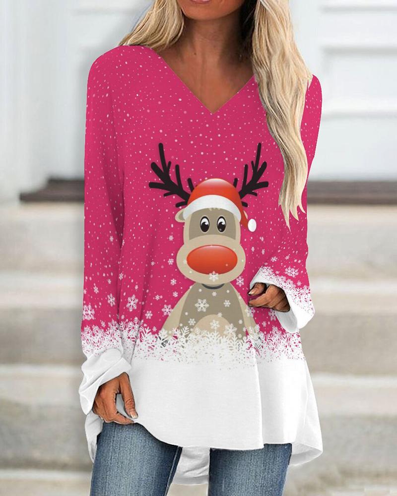 

Christmas V-Neck Elk Snowflake Print Top, Hot pink