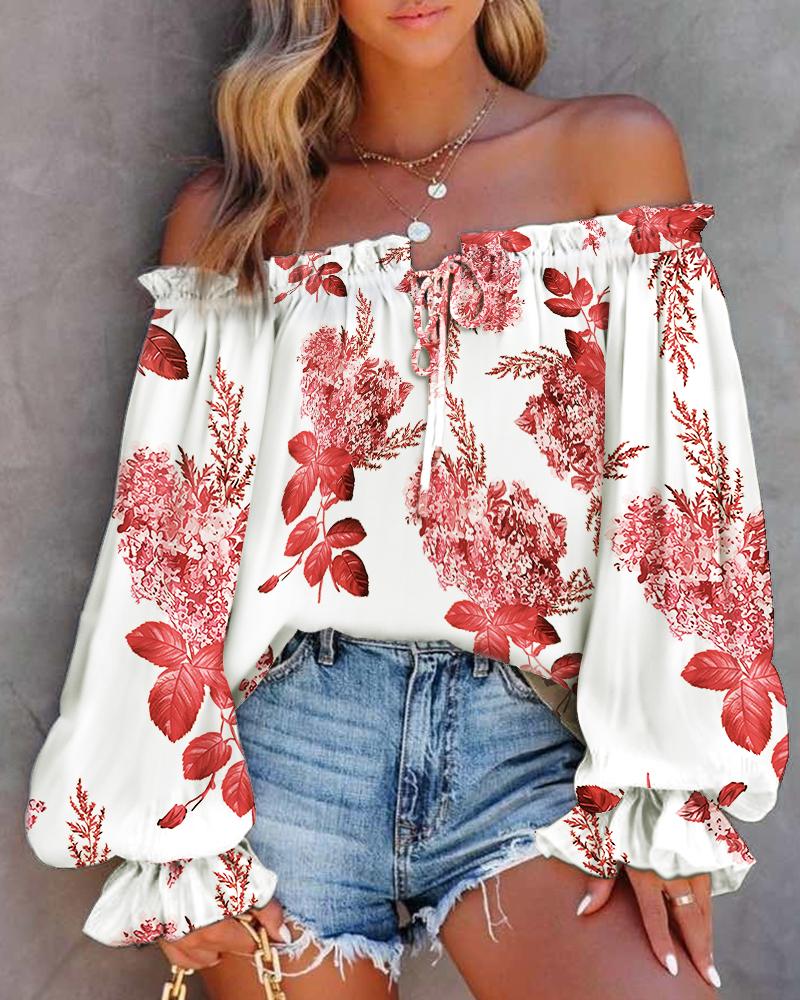 

Plants Print Off Shoulder Lantern Sleeve Top, Red
