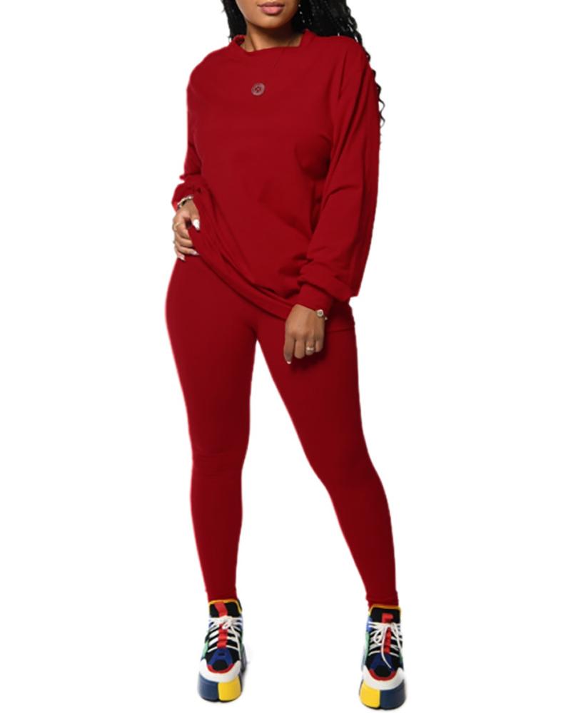 

Long Sleeve Top & High Waist Pants Set, Red