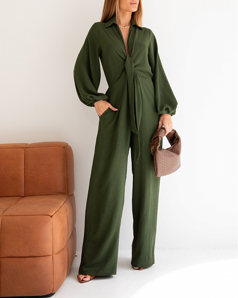 

Macacão casual com manga bufante, decote em V profundo e amarração cruzada, cintura elástica e pernas largas, Dark green