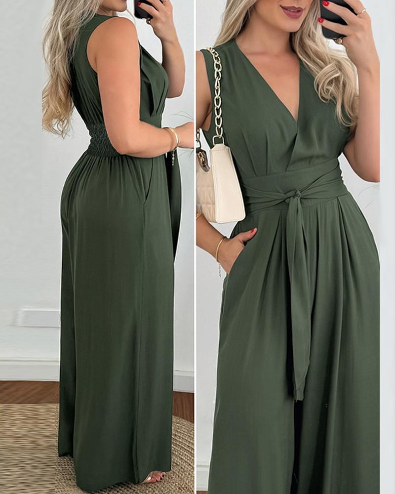 

Tied Detail Pocket Design Wide Leg Jumpsuit, Green