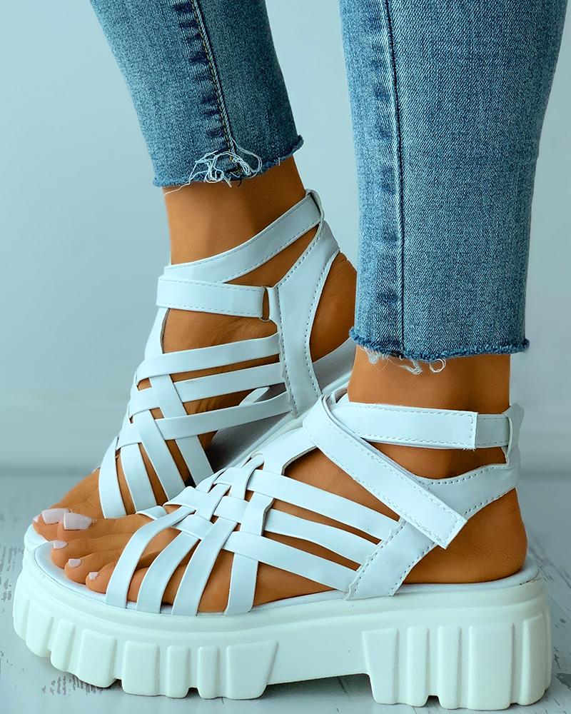 

Braided Velcro Ankle Strap Flatform Sandals, White