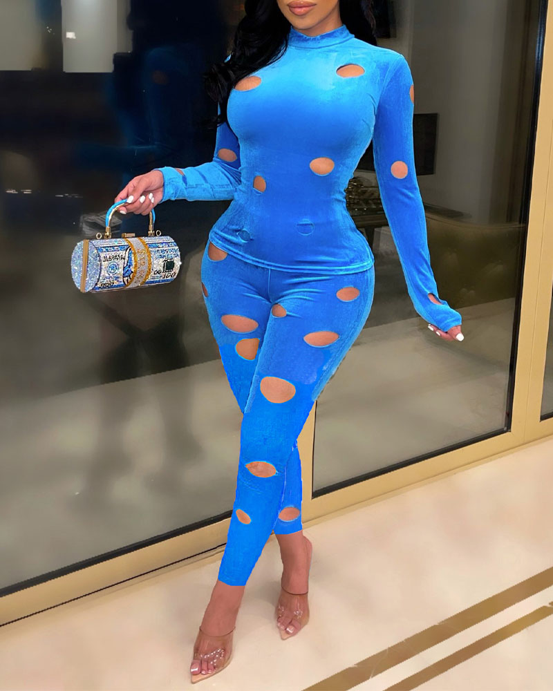 

Hollow Out Velvet Long Sleeve Top & Pants Set, Blue
