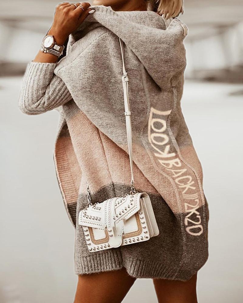 

Letter Print Colorblock Knit Hooded Cardigan, Gray