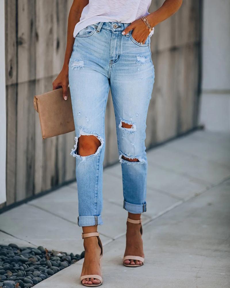 

Zipper Fly High Waist Stretch Ripped Skinny Jeans, Blue