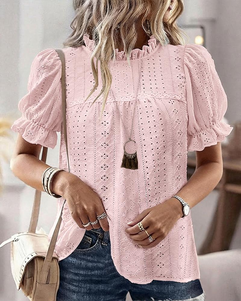 

Elegant Frill Hem Stand Collar Puff Sleeve Blouse Casual Hollow Out Embroidery Pullover Top, Pink