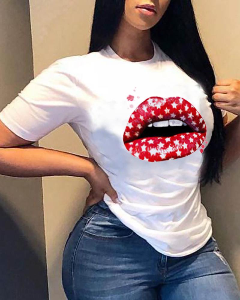 

Graphic Lip Print Short Sleeve Casual T-shirt, Style6